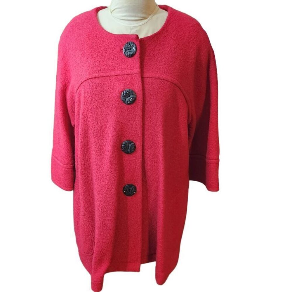 John Mark Woman's Jacket Coat XL Red 40% Wool 3/4 Sleeve Pockets Large Buttons